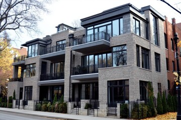 Fototapeta premium Modern brick apartment building located in an urban neighborhood with large windows and contemporary design during autumn