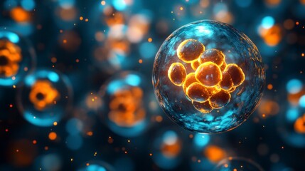 Microscopic view of glowing cells in a dynamic, colorful background showcasing biological activity and cellular structures