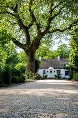 Obraz premium Charming countryside home surrounded by lush green trees and a gravel driveway showcasing the beauty of nature in a peaceful setting