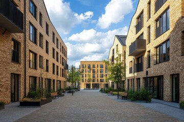 Modern brick buildings with landscaped courtyard under a blue sky in a residential area promoting urban living and community engagement