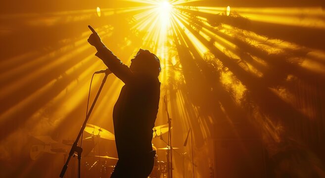 Silhouette of a male singer performing live on stage at sunset, Ai Generated