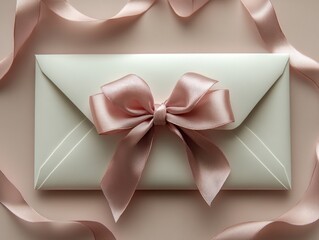 Elegant Blank Card with Pink Ribbon on White Envelope for Romantic Gift and Celebration Concept