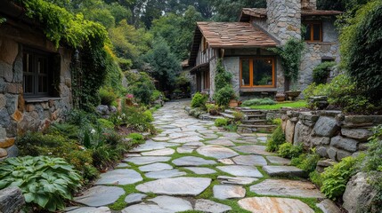 Obraz premium Stone pathway through garden to rustic homes