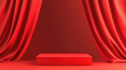 Elegant Red Silk Fabric Background with Soft Folds and a Raised Platform for Luxurious Product Display