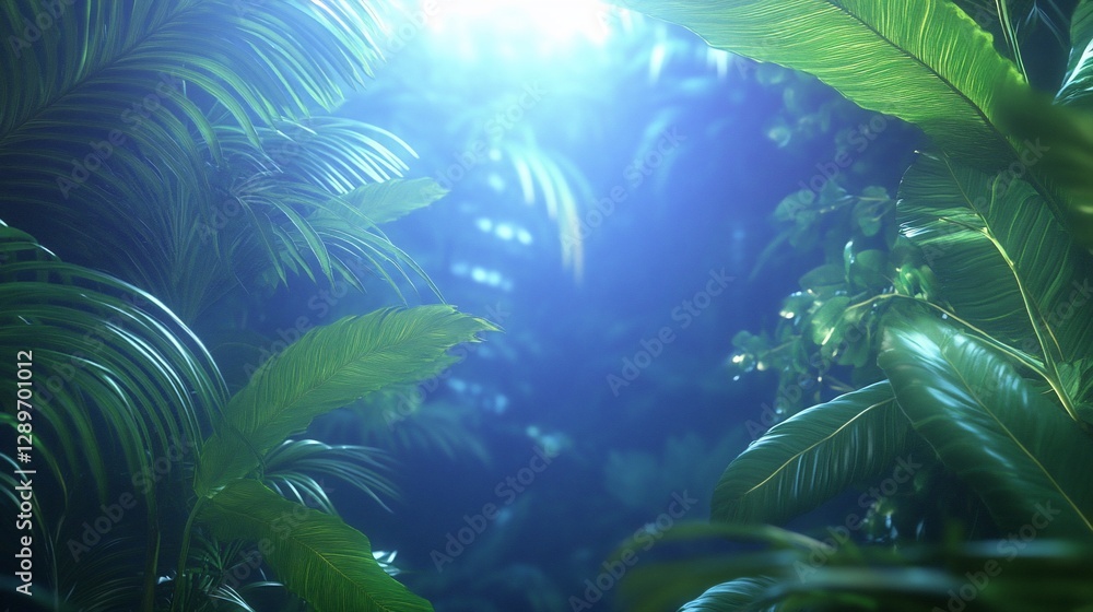 Poster Lush tropical jungle leaves sunlight. Nature background