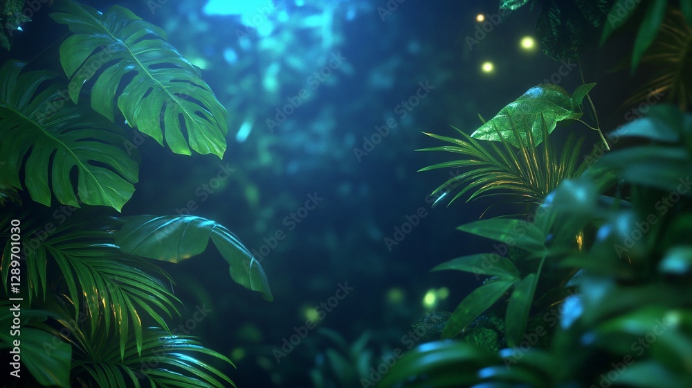 Sticker Lush Tropical Night Jungle foliage glows under moonlight. Background for travel or nature themes