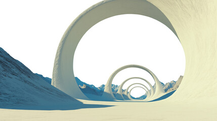 Fototapeta premium Surreal Snowy Landscape with Giant Circular Structures on Transparent Background Cutout