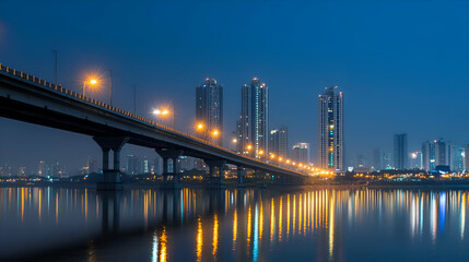 Fototapeta premium Night Cityscape with Illuminated Bridge and River Reflections