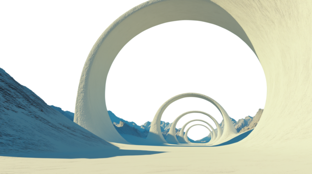 Surreal Snowy Landscape with Giant Circular Structures on Transparent Background Cutout