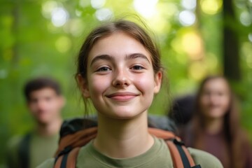 Smiling hiker in the woods with friends