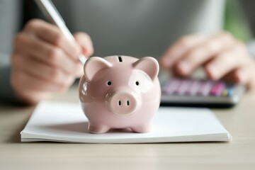 Piggy Bank on Desk with Calculator and Paper