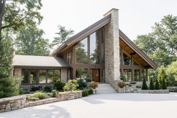 Beautiful modern house with large windows and stone exterior surrounded by lush greenery on a sunny day in a serene neighborhood