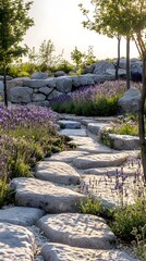 Stone path garden: A serene stone path winds through a meticulously landscaped garden, inviting exploration amidst a tapestry of vibrant flora and natural elements.