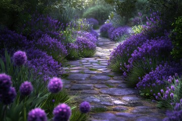 Obraz premium A serene pathway lined with lush lavender invites peaceful strolls amidst vibrant, blooming flowers, leading to a tranquil garden as dusk settles in