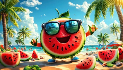 Cheerful Watermelon Character on Tropical Beach with Sunglasses and Palm Trees in Summer