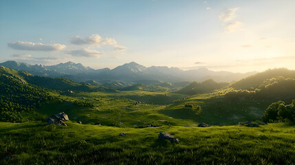 Naklejka premium Serene Sunset Landscape Over Rolling Green Hills