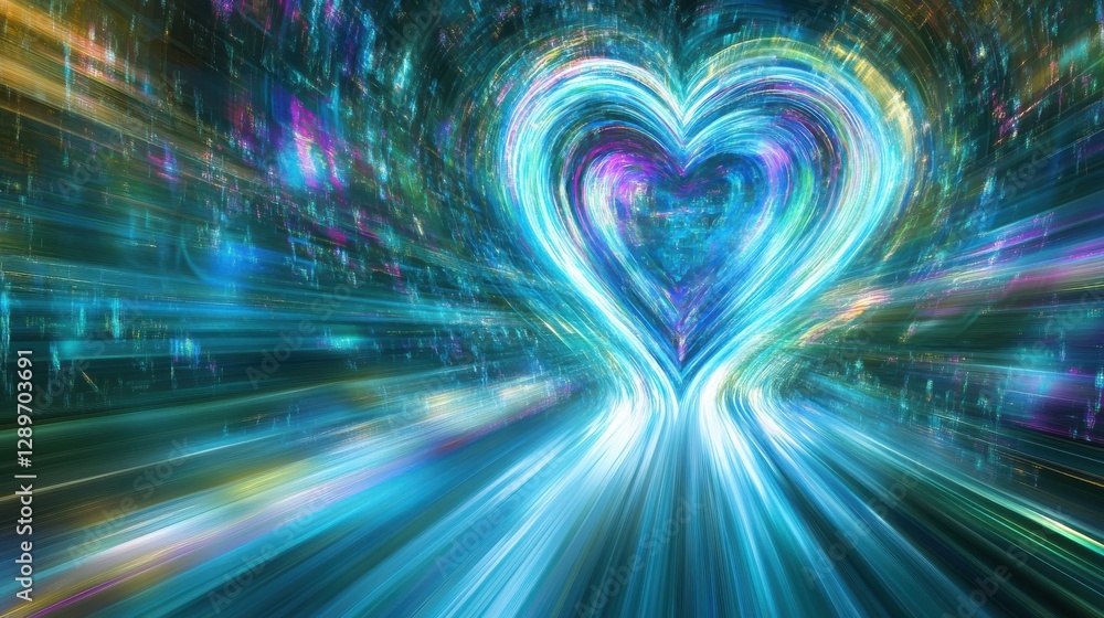 Poster glowing heart in motion with vibrant colors and light trails for abstract art and design projects