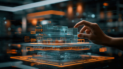 Hands interacting with a 3D holographic model of a building in a modern workspace with digital elements
