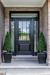 Elegant modern entrance featuring black door with glass panel and symmetrical green topiary plants in stylish pots, enhancing the home's curb appeal