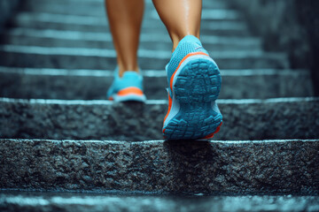 A woman is walking up a set of stairs in her blue running shoes