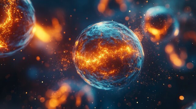 Futuristic glowing cells in vibrant space with bright orange lights, showcasing intricate detail and cosmic hues