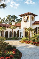 Obraz premium This stunning Mediterranean-style home, featuring a charming red tile roof, is beautifully nestled amidst lush greenery and vibrant flowers, creating a picturesque scene at sunset