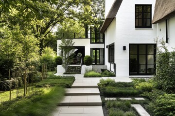 Fototapeta premium Beautiful modern home with lush greenery and elegant landscaping in a serene residential neighborhood during a sunny afternoon
