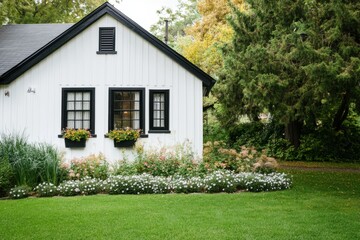 Obraz premium Nestled in a tranquil garden filled with vibrant autumn blooms, a charming white house stands gracefully, embraced by lush greenery and colorful foliage