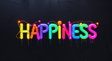 Obraz premium happiness colorful neon graffiti lettering on plain black background