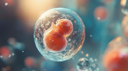 Close-up of Embryonic Development Inside a Transparent Cell with Vibrant Background and Soft Light Effects