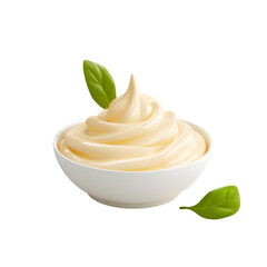 Creamy Mayonnaise in White Bowl with Basil Leaves