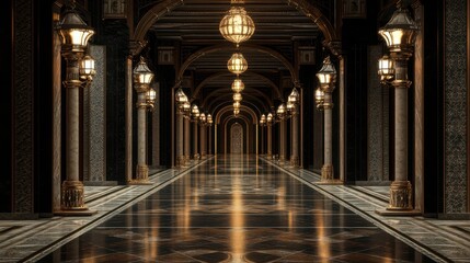 Obraz premium Elegant Corridor with Lanterns and Intricate Architecture Design