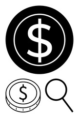 Dollar symbol in black circle, coin, magnifying glass, implying finance, investment, and research. Ideal for business, economics, banking budgeting commerce accounting abstract line flat metaphor