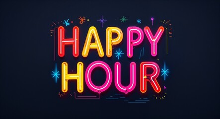 Obraz premium happy hour colorful neon graffiti lettering on plain black background