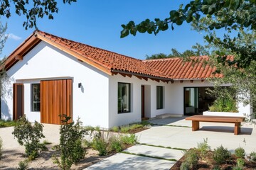 Fototapeta premium A contemporary residential home featuring a charming terracotta roof and elegant wooden accents, perfectly situated in a tranquil outdoor environment on a beautiful sunny day