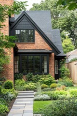 Beautiful garden pathway leading to a modern brick house surrounded by lush greenery in a suburban neighborhood during the day
