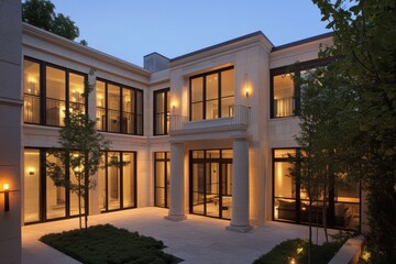 Elegant modern house with expansive glass windows illuminated at dusk surrounded by lush greenery and a serene courtyard setting