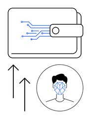 Digital wallet with circuit lines, biometric face recognition, and upward arrows convey technology, security, digital payments, growth. Ideal for fintech, AI, data security biometrics innovation