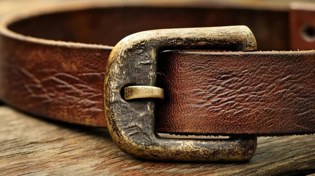 Brown leather belt with vintage buckle resting on rustic wooden surface