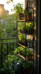 Green Oasis on Balcony: A vertical garden thrives on a sun-drenched balcony, showcasing rows of lush, thriving herbs in terracotta pots, offering a serene view of the cityscape.