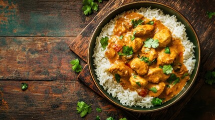 A warm and flavorful bowl of chicken korma with basmati rice, placed on a dark textured background to emphasize its creamy sauce.