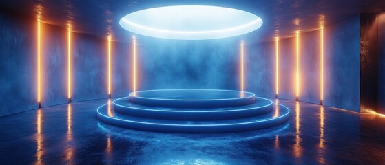 Futuristic Sci Fi Neon Stage Empty Room 3D Rendering