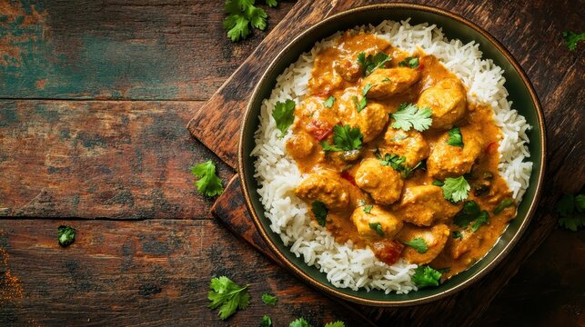 A warm and flavorful bowl of chicken korma with basmati rice, placed on a dark textured background to emphasize its creamy sauce.