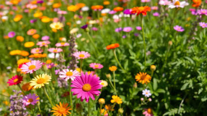 Obraz premium Field of wildflowers with monarch butterflies under a bright blue sky, summer scene