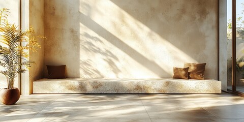 Minimalist Interior Scene with Cream Wall and Stone Slab under Soft Sunlight with Long Shadows