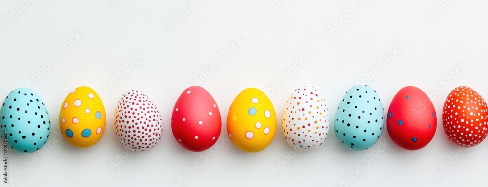 Poster colorful easter eggs border a white background with space for text, in a flat lay top view generativ