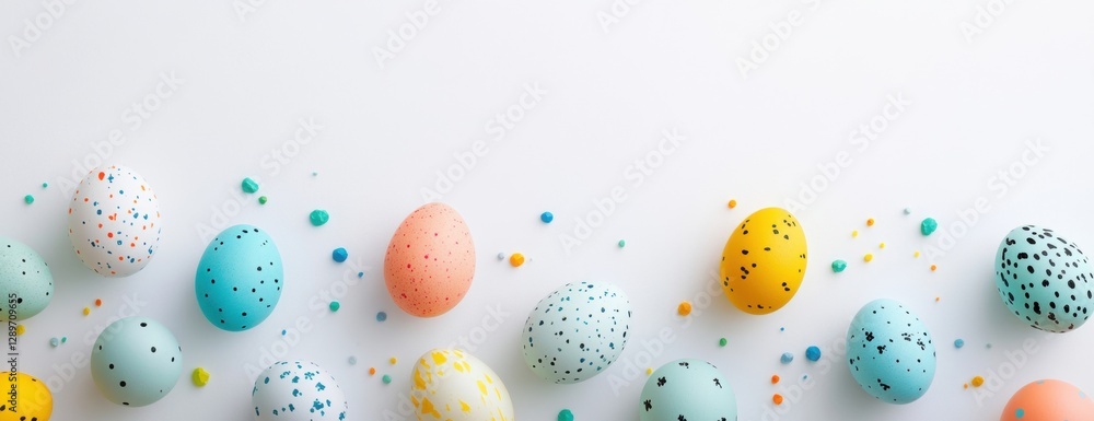 Poster colorful easter eggs border a white background with space for text, in a flat lay top view generativ
