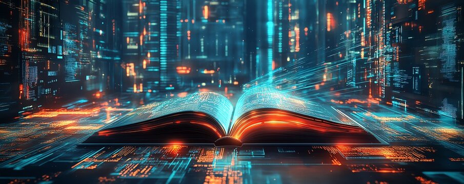 Open digital book with colorful neon trails emerging from its pages, set against a futuristic, hightech city background with vibrant glowing lights and digital architecture