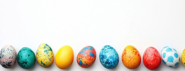 Obraz premium Colorful Easter eggs border a white background with copy space, top view Generative AI