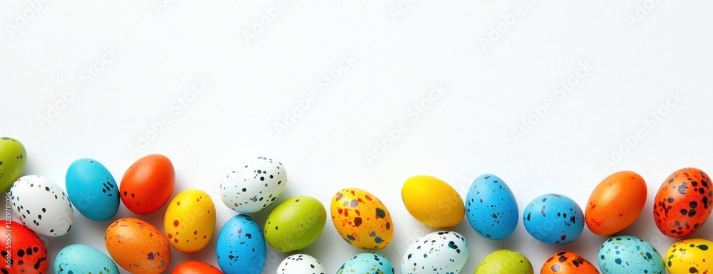 Poster colorful easter eggs border a white background with space for text generative ai